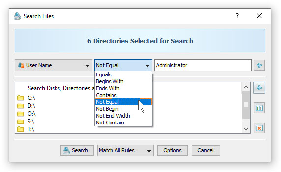 Search Files By User Name With Negative Operator