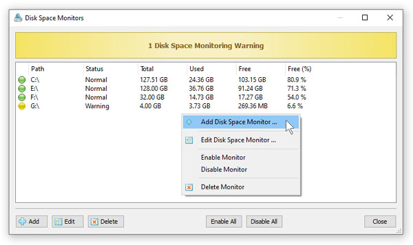 VX Search Server Add Disk Space Monitor